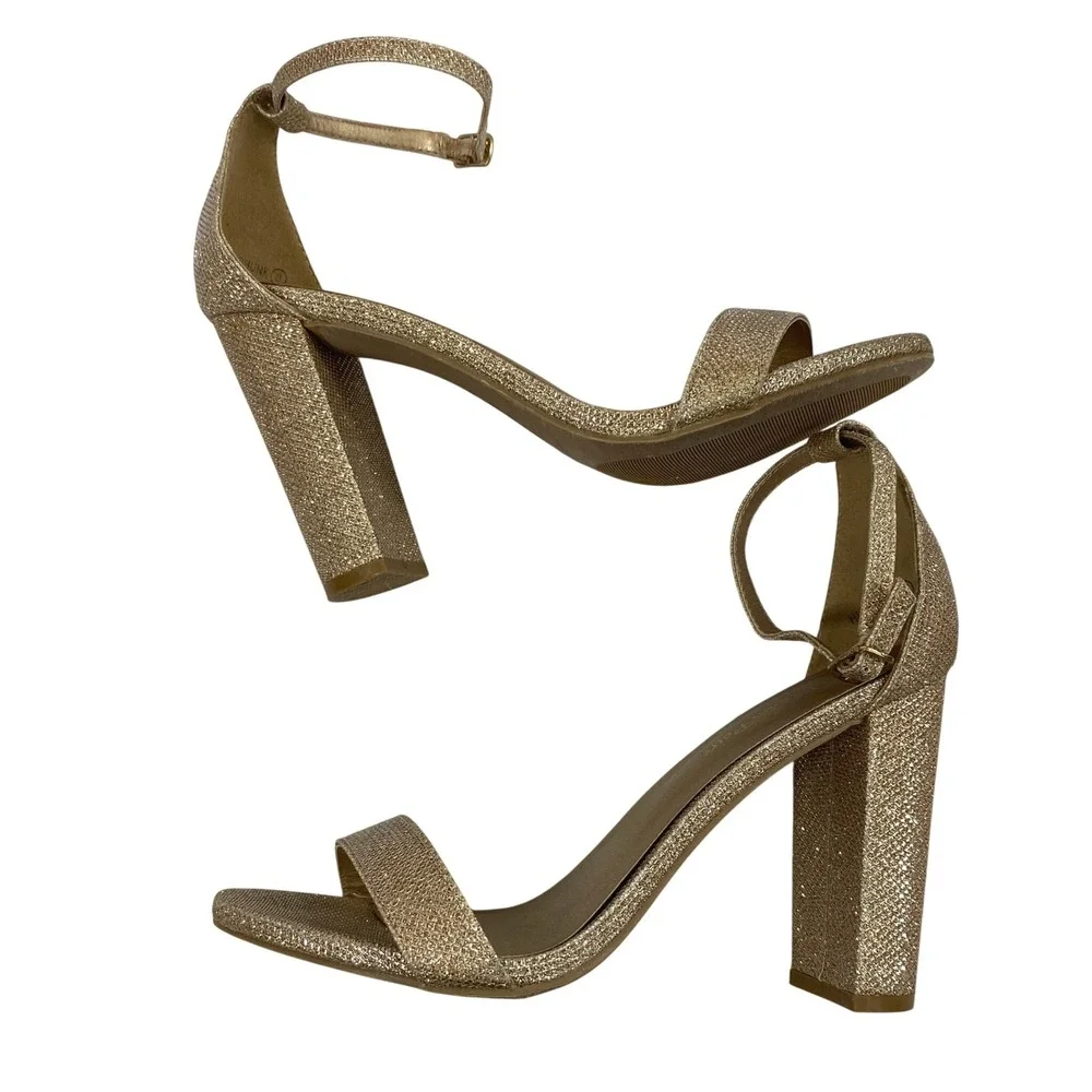 Womens Gold Glitter Ankle Strap Block Heels Size 8 Open Toe Sandals Party Shoes